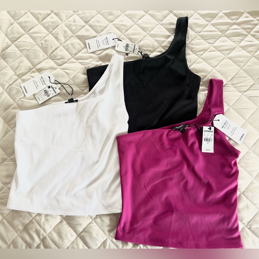 3 Express Body Contour Ribbed One Shoulder Cropped Tanks